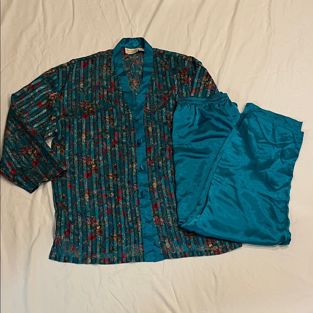 Victoria’s Secret Gold Label Vintage Teal Floral Stripe Satin Pajama Set L